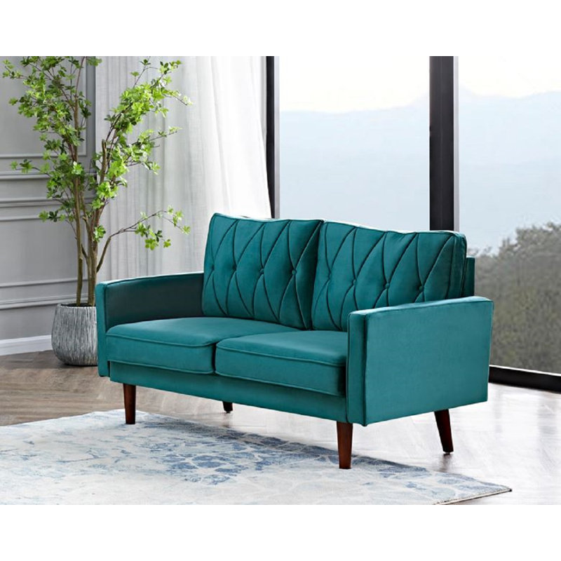 Petit canapé à dossier coussiné en velours, Velours vert, H 31,5 po x l 57,5 po x P 33,5 po
