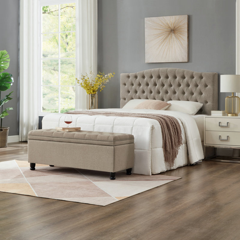 Banc de rangement rembourré capitonné à boutons, banc d'entrée avec pieds en bois et banc de lit, Taupe, Taupe