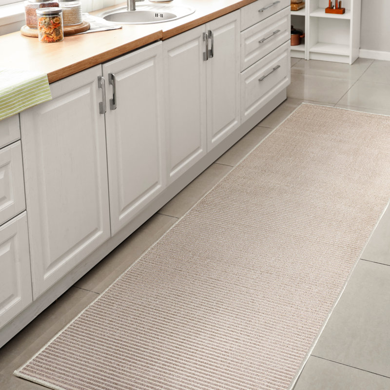 Wolcott Modern Minimalist Pinstripe High-Low Cream/Silver Rug, Runner 2' x 8'