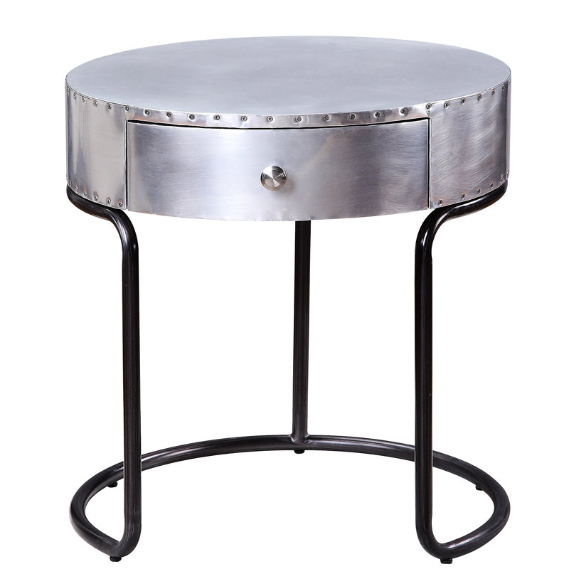 Industrial - Style Aluminum Round End Table With Drawers, Black Finish, Drum Shape, Patchwork Top, Open Metal Frame, 21.5 Inches In Height, 20.5 Across Storage , Shaped Design, Frame Support, Look,
