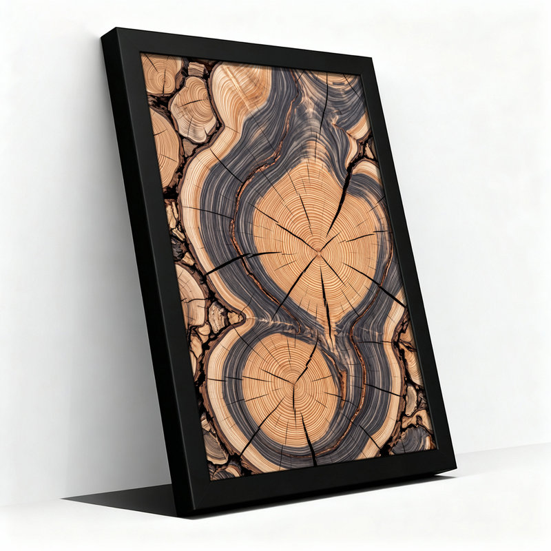 Gros plan sur des anneaux d'arbre en toile brune et grise, art mural, H 24 po x l 16 po