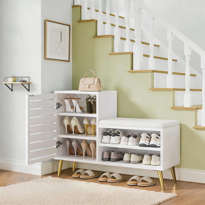 L-Shaped Shoe Storage Bench With Cushioned Seat, Door Cabinet And Open Shelf For Entryway, Hallway, Living Room Or Bedroom Organization