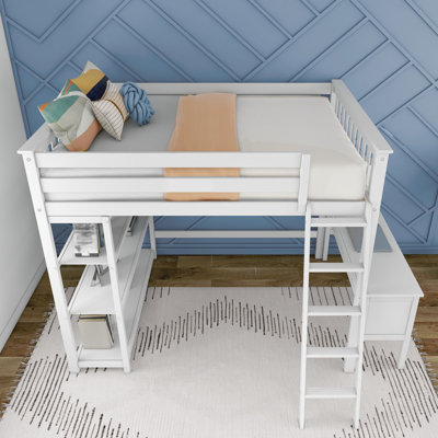 Full-Size High Loft Bed With Bookcase And Desk