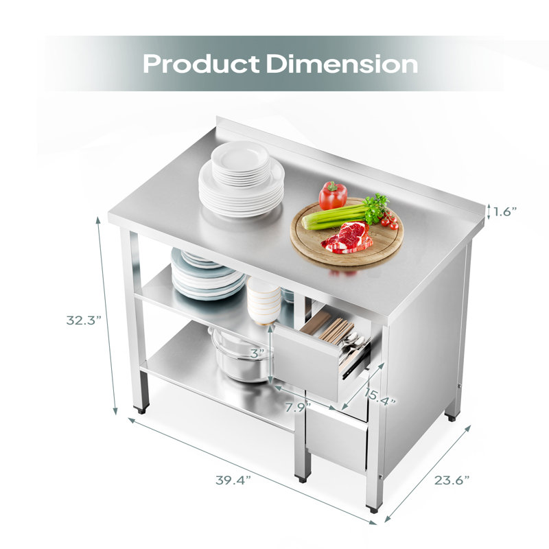 39 po x 24 po Table de préparation en acier inoxydable avec 3 tiroirs