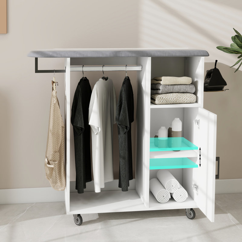 Chariot de repassage blanc E1 avec planche à usages multiples, convenant à la buanderie et à la cuisine, chambre à coucher avec solution de rangement à roulettes élégante et compacte, réglable compact