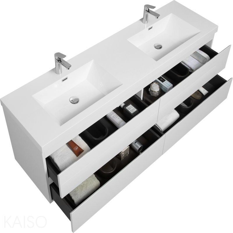 Meuble-lavabo mural 72 po avec lavabo, meuble-lavabo mural avec lavabo à surface solide et 4 tiroirs à fermeture en douceur, blanc brillant