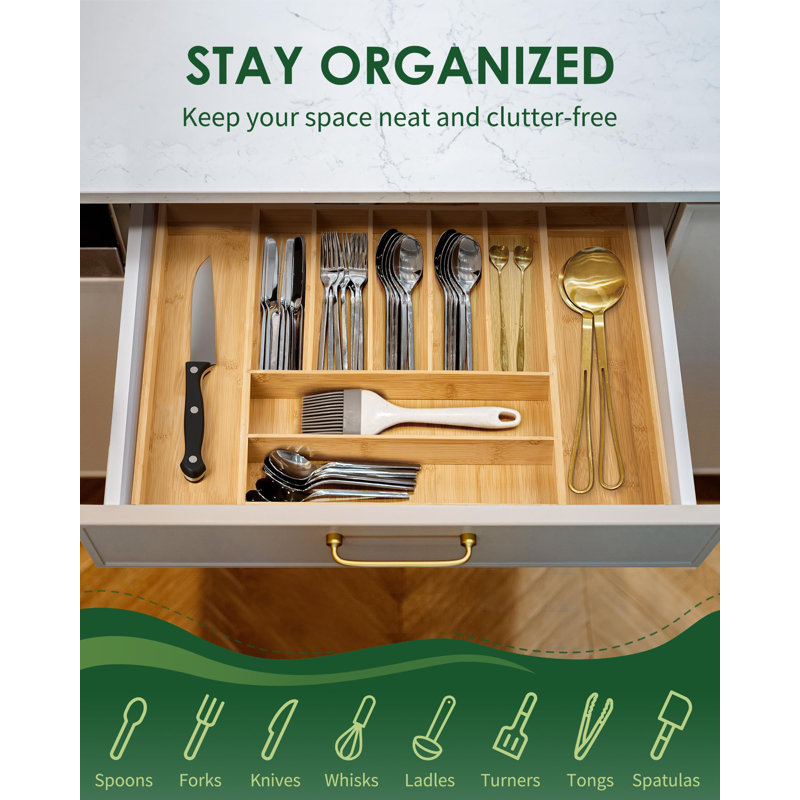 Natural Bamboo Adjustable Expandable Kitchen Drawer Organizer
