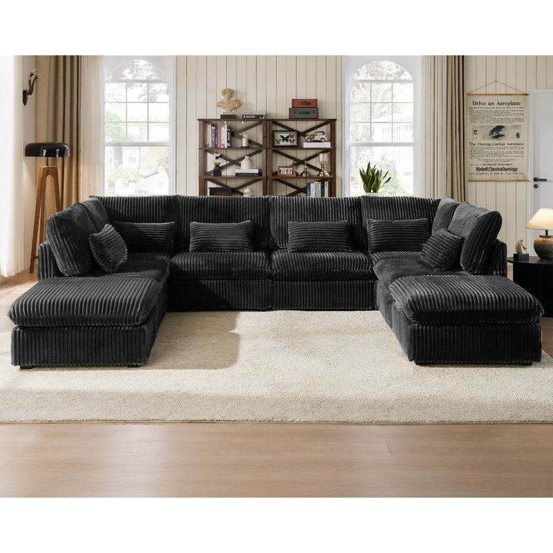 8 Seater Oversized Modular Sofa Extra Deep Cloud Corduroy Sectional Couch With Ottoman Chaise, Black Corduroy