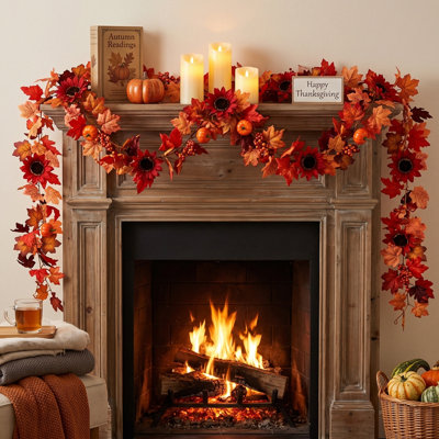 2 Pcs 68.89 Inch Artificial Fall Maple Leaf Garland, Autumn Hanging Vine with Pumpkins, Sunflowers and Berries for Mantel Wall Fireplace Thanksgiving Decor