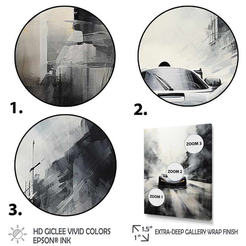 Gray Minimalist Race Car Traces I - Art mural de course, Toile tendue, H 44 po x l 34 po x P 1,5 po