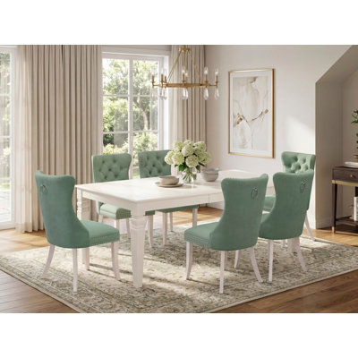 7 Piece Dining Table Set Contains a Rectangle Kitchen Table with Removable leaf and 6 Chairs, linen white