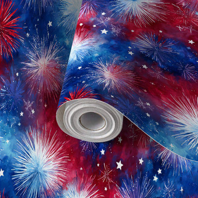 Peel and Stick PVC Wallpaper, Removable Self-Adhesive Wall Covering With Red White Blue Fireworks Starry Sky Design Print, Waterproof for Home Decor - Roll