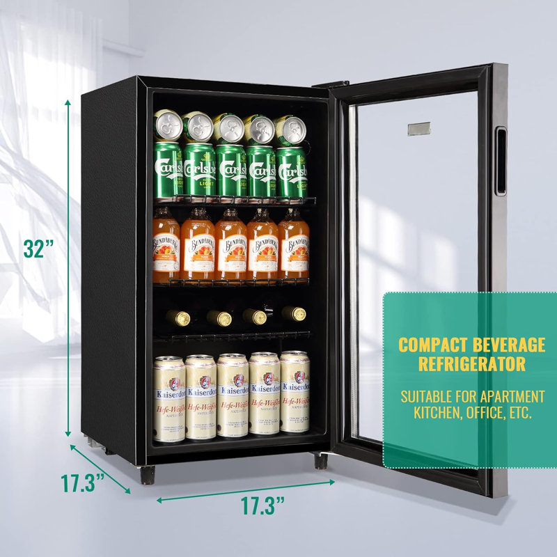 WANAI 17.3'' W Freestanding 120 Cans (12 oz.) 3.5 Cubic Feet Beverage Cooler with Wine Storage and Glass Door