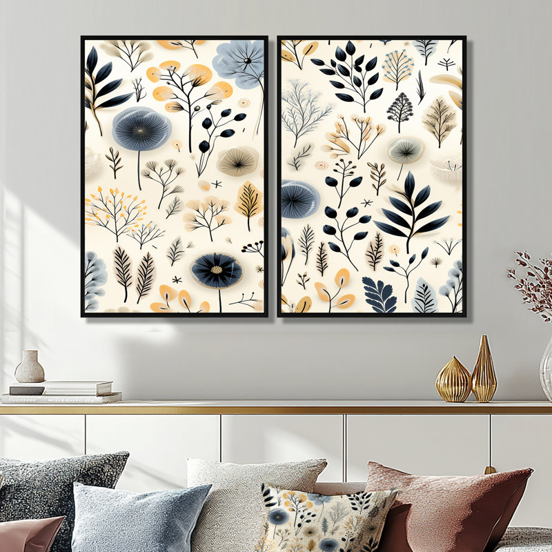 Art mural en toile monochrome botanique - bohémien et éclectique 2 pièces, H 36 po x l 48 po, Impression encadrée flottante
