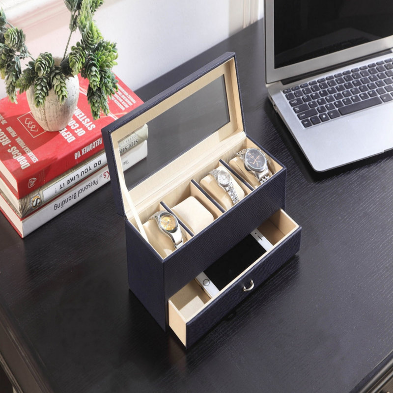 9.3 Inch Navy Blue Textured Leatherette Watch Jewelry Display Case with Tempered Glass Lid & Storage Drawer