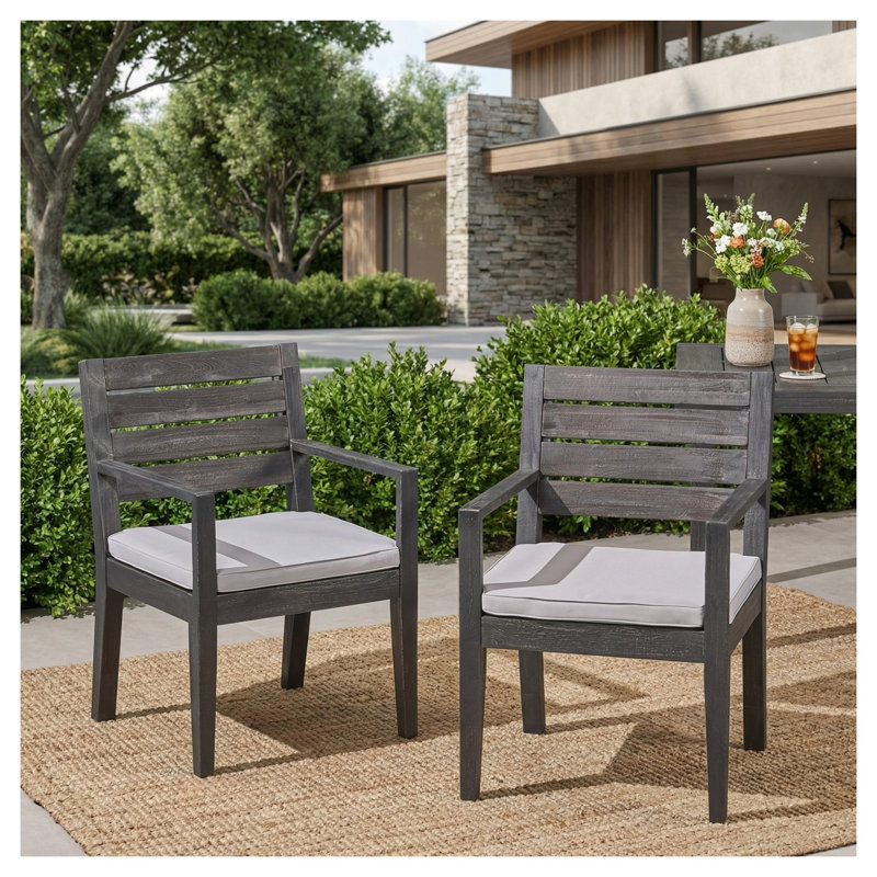 Ensemble de 2 chaises de salle à manger d'extérieur en bois d'acacia à lattes avec coussins résistants à l'eau, structure gris foncé et siège gris clair