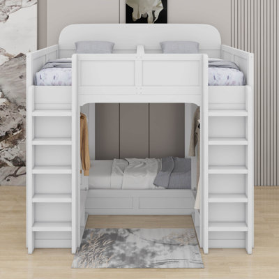 Triple Bunk Bed With Shelves And Hooks, Twin +Twin Over Twin XL