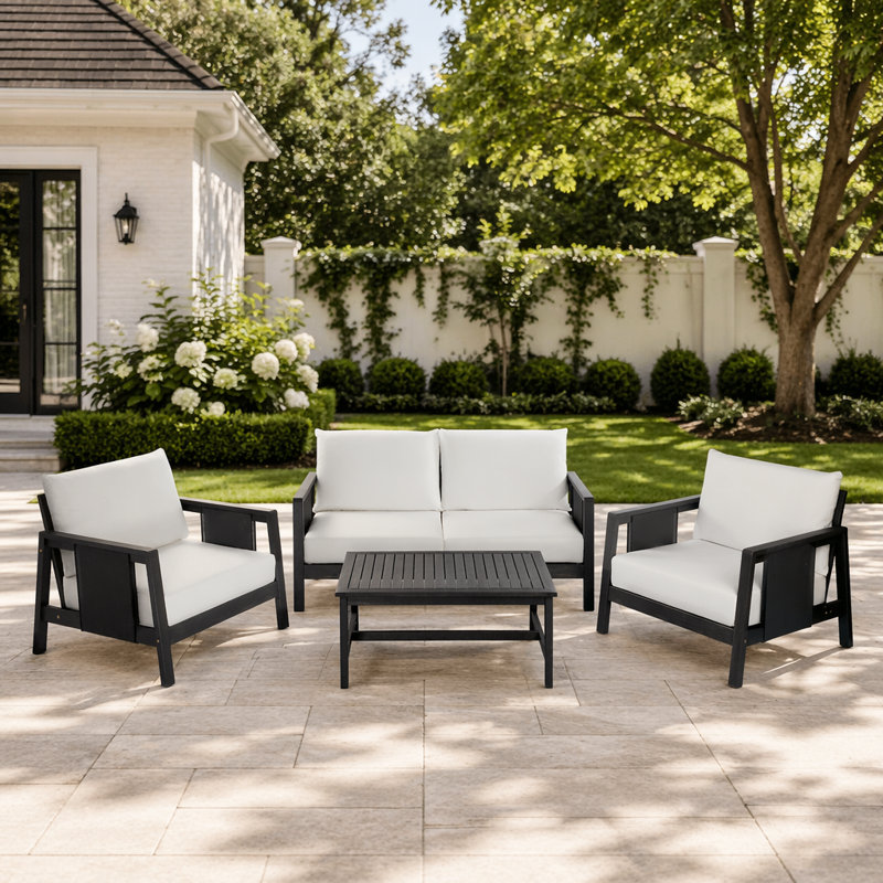 Ensemble de canapé d'extérieur 4 pièces avec coussins, structure en bois d'acacia, textilène noir, coussins blancs hydrofuges pour patio et cour arrière