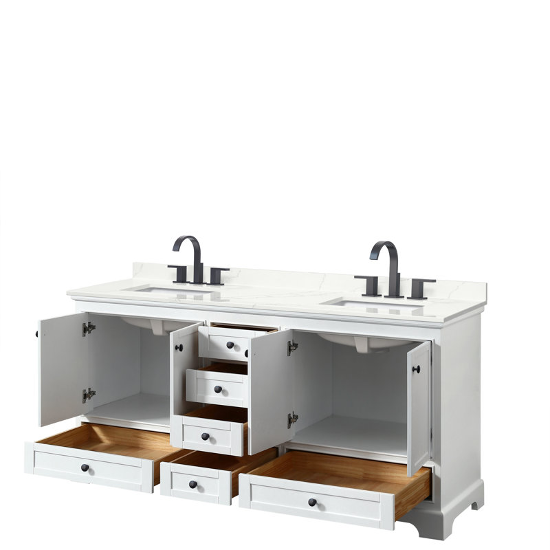 Meuble-lavabo double autoportant Deborah avec plateau en quartz, Quartz Giotto, Blanc, Noir mat
