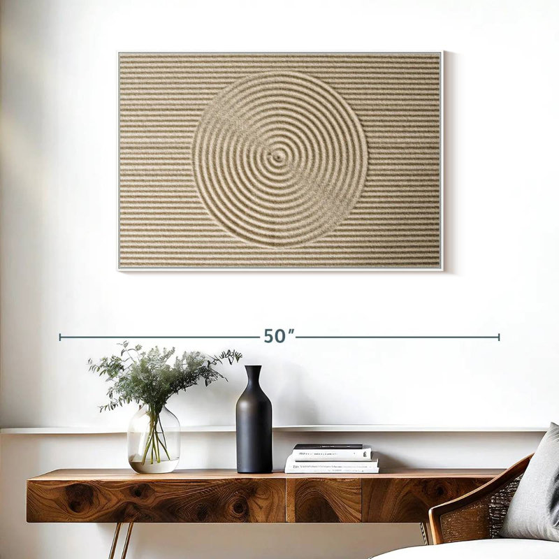 Cercles zen dans le sable, 37 po x 25 po, Cadre flottant blanc