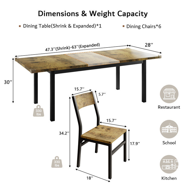 63" Extendable Kitchen Table Set for 4-6 People, 7-Piece Large Dining Table Set with 6 Chairs,Mid-Century Dining Room Table