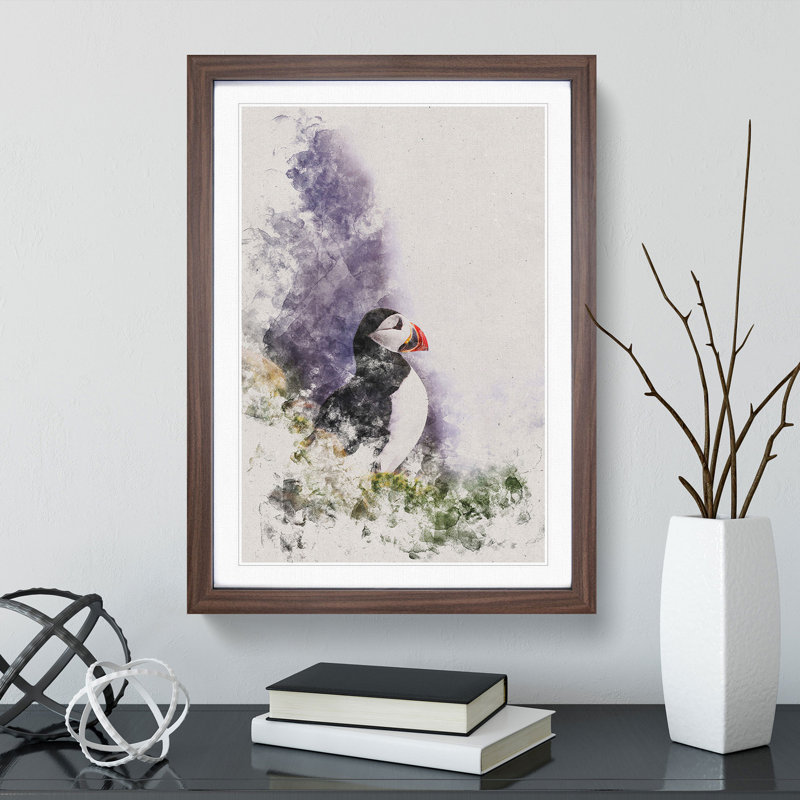 Atlantic Puffin Birds Vol.7 Watercolour - Picture Frame Graphic Art, Walnut, 48cm H x 36cm W x 2cm D