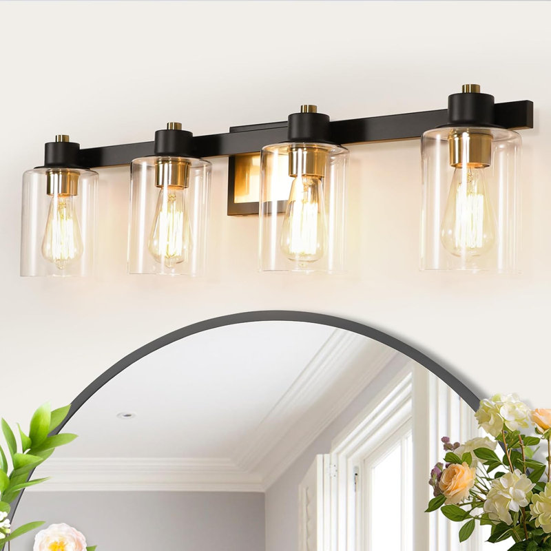 31.5" Large Bathroom Vanity Light Fixture - 4 Light Black And Gold Wall Sconce With Clear Glass Shade For Farmhouse Bathroom Mirror Lighting In Living Room, Dressing Room, Hallway