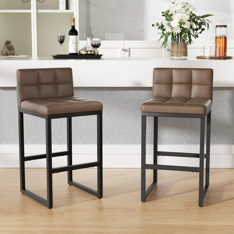 Sturdy Modern Low-Back Counter Height Bar Stools with Metal Frame and Faux Leather Upholstery, Dark Brown