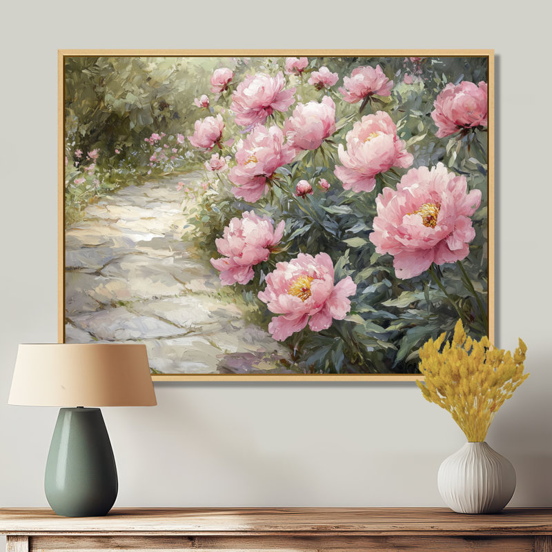 Pivoines le long du sentier du jardin I - pivoines, art mural, H 30 po x l 40 po, Impression encadrée flottante, Crème, crème