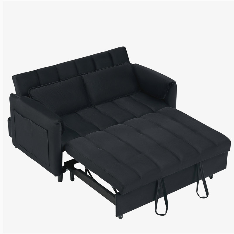 52" Modern Velvet Sofa Bed - 3-In-1 Convertible with Pillows & Side Pockets, Black