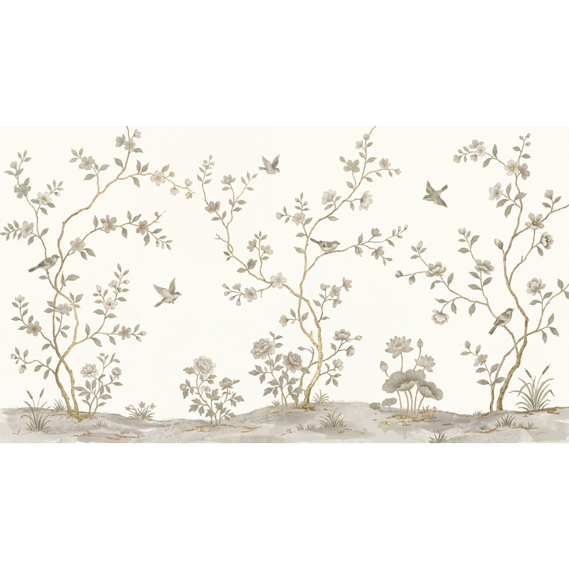 Papier peint chinois à motif de scène de jardin décoratif peint à la main amovible, 140 po x 108 po, Texturé non collé
