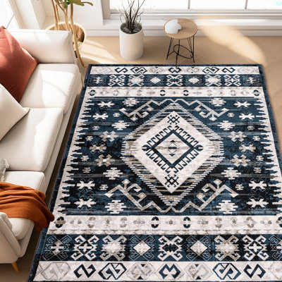 Tapis rétro 5 x 7, lavable et antidérapant, idéal pour le salon, la chambre à coucher, la cuisine, bleu / noir 5 x 7, lavable facilement, chambre bleu