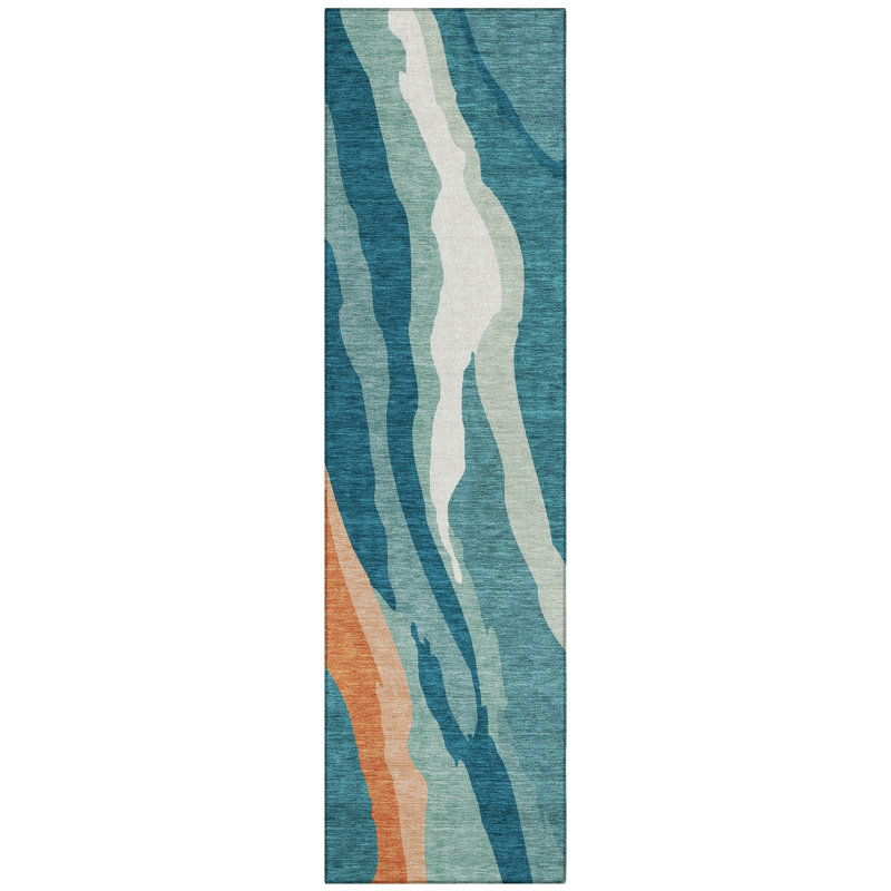 Petala Teal Washable Indoor-Outdoor Rug - , 2'3" x 7'6"