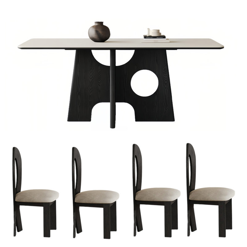 French Retro Light Luxury Rectangular Dining Table Pedestal Dining Set, 5 Piece Dining Set