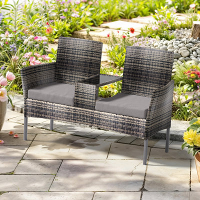Outdoor PE Wicker Loveseat, 2‑Seater Patio Rattan Conversation Sofa with Built‑in Tempered Glass Table & Thick Cushions, All‑Weather Bench Furniture for Backyard Porch Garden Deck, Gray