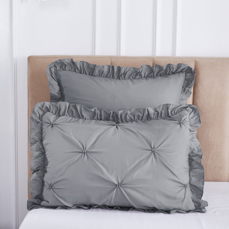Ensemble d'édredon 5 pièces princesse romantique Pintuck, Édredon pour lit très grand + quatre taies déco, Gris