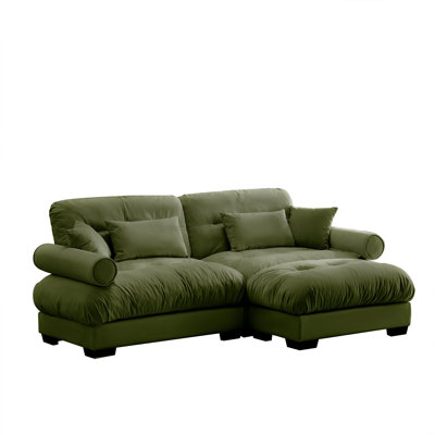 Canapé en velours surdimensionné à deux places avec repose-pieds, vert olive 2 places avec accoudoirs ronds avec traversin, coussin de taille et coussins décoratifs, petit canapé en forme de L pour le salon et la salle de lecture, idéal pour une détente confortable et des intérieurs élégants