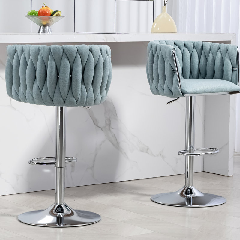 Chaises de bar réglables à hauteur de comptoir de 2 - pivotant à 360 °, tissu bleu avec dossier tissé et repose-pieds pour les tabourets de cuisine, de pub et de café sur îlot de cuisine, café, pub