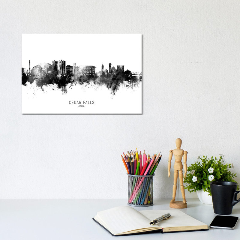 Cedar Falls Iowa Skyline Name Blank And White by Michael Tompsett - 1 Piece Wrapped Canvas Painting, 20.32 cm H x 30.48 cm W