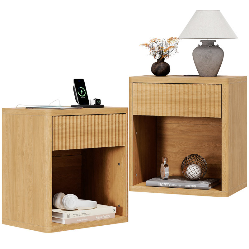 Valerica 1-Drawer Fluted Nightstand with Charging Station, Natural