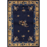 Blue 1920s Floral Medallion Wool Rectangle Antique Hand Knotted Pile Rug