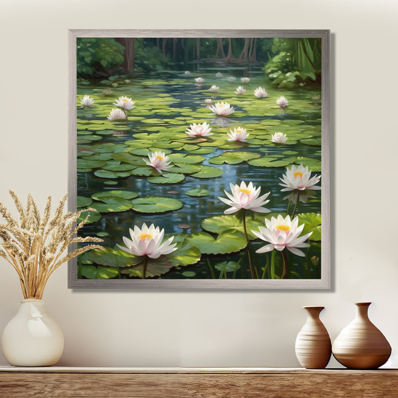 Magical Lotus Lily Pad Pond - Impression sur toile encadrée Lotus, H 24 po x l 24 po x P 1 po, Cadre flottant brun