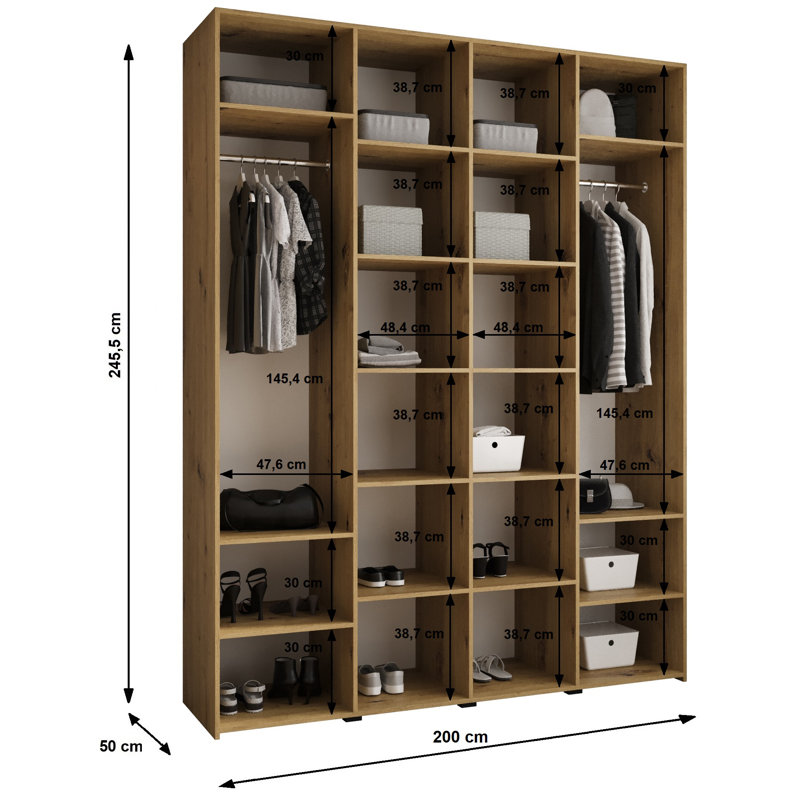 Wardrobe Moko 4, 245,5cm H x 200cm W x 40cm D, Cashmere/Black
