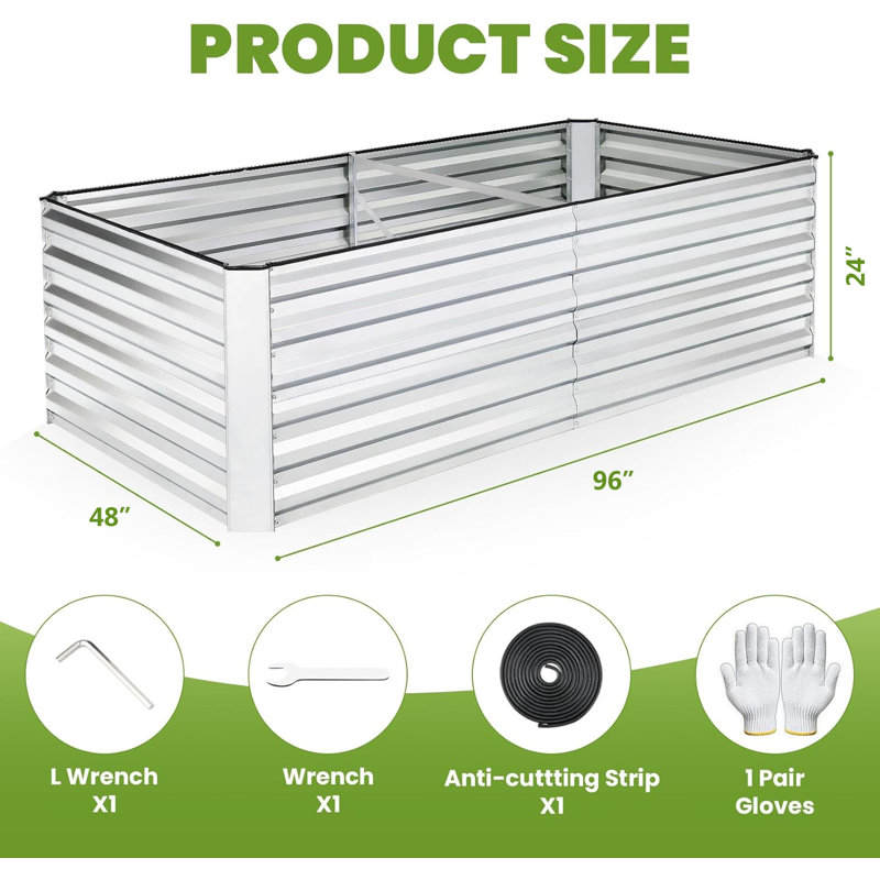 Outdoor Metal Raised Garden Bed, Planter Box For Vegetables, Flowers, Herbs, 24"H x 96"W x 48"D