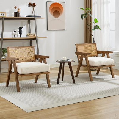 Set of 2 Rattan Back Accent Chairs with Wood Frames, Cushions, Mid-Century Style for Dining or Living Rooms