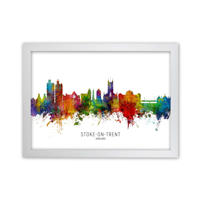 Stoke-on-Trent England Skyline by Michael Tompsett - Print, 25cm H x 34cm W x 3cm D, White Framed