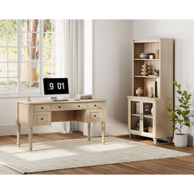 2 Piece Office Set, 56" Executive Desk & Bookcase With Glass Doors, Beige