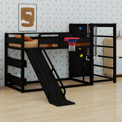 Bunk Bed With Basketball Hoop, Climbing Wall Features, Bookshelves And Slide