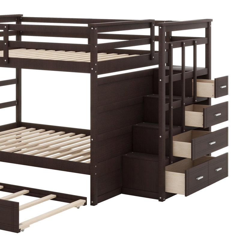 Bunk Bed With Trundle Bed And Staircase, Espresso