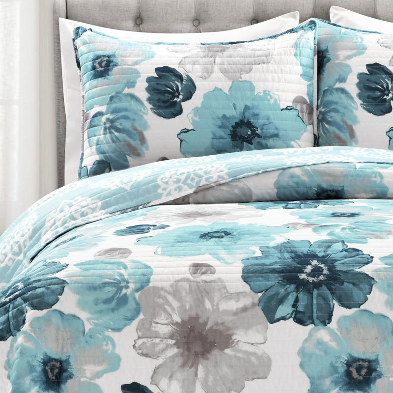 Leah Blue Floral Reversible Microfiber Full Quilt Set